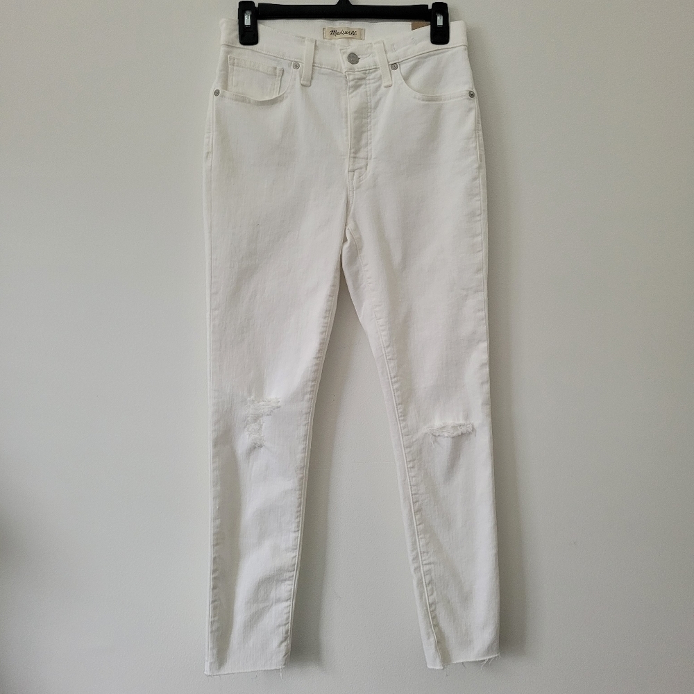 Madewell 9" High-Rise Skinny Crop Jeans in Pure White  Knee-Rip Edition Size 27